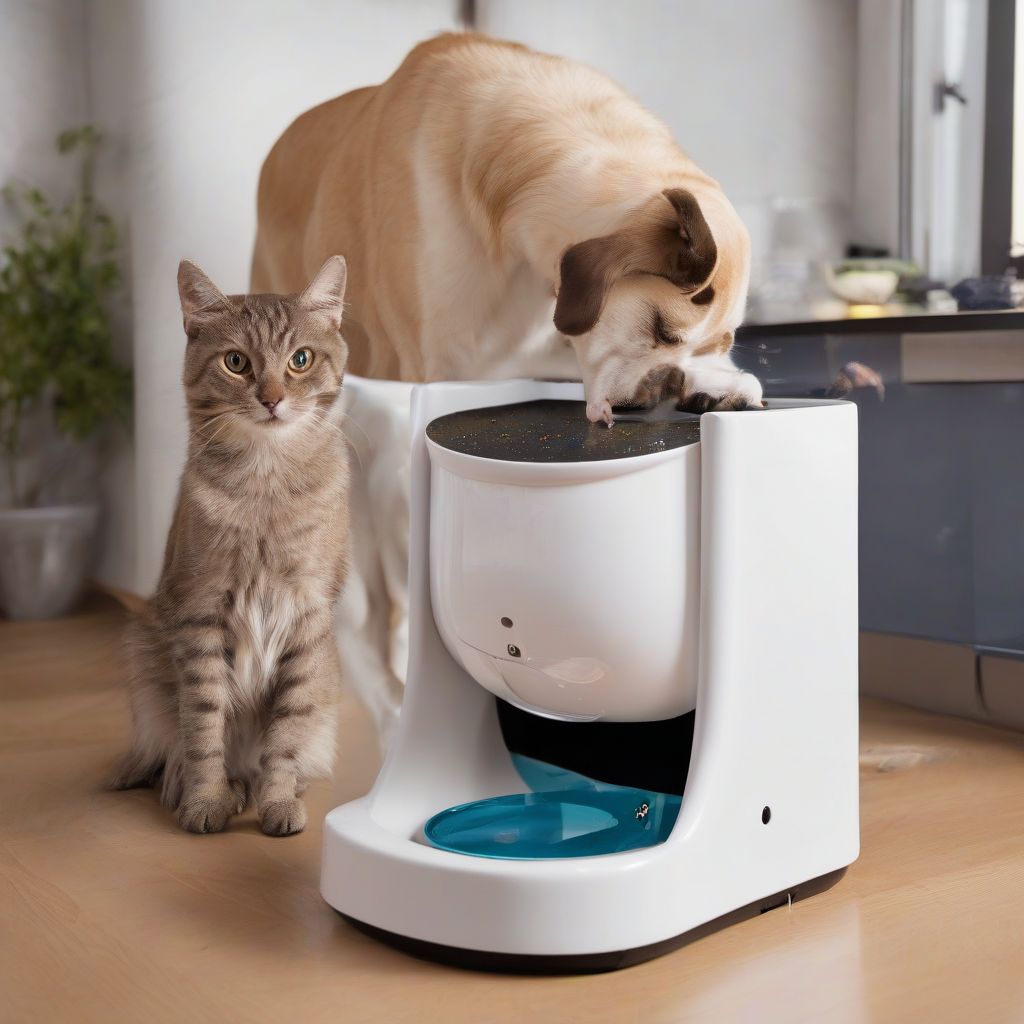 Cat and Dog Eating from Smart Feeder