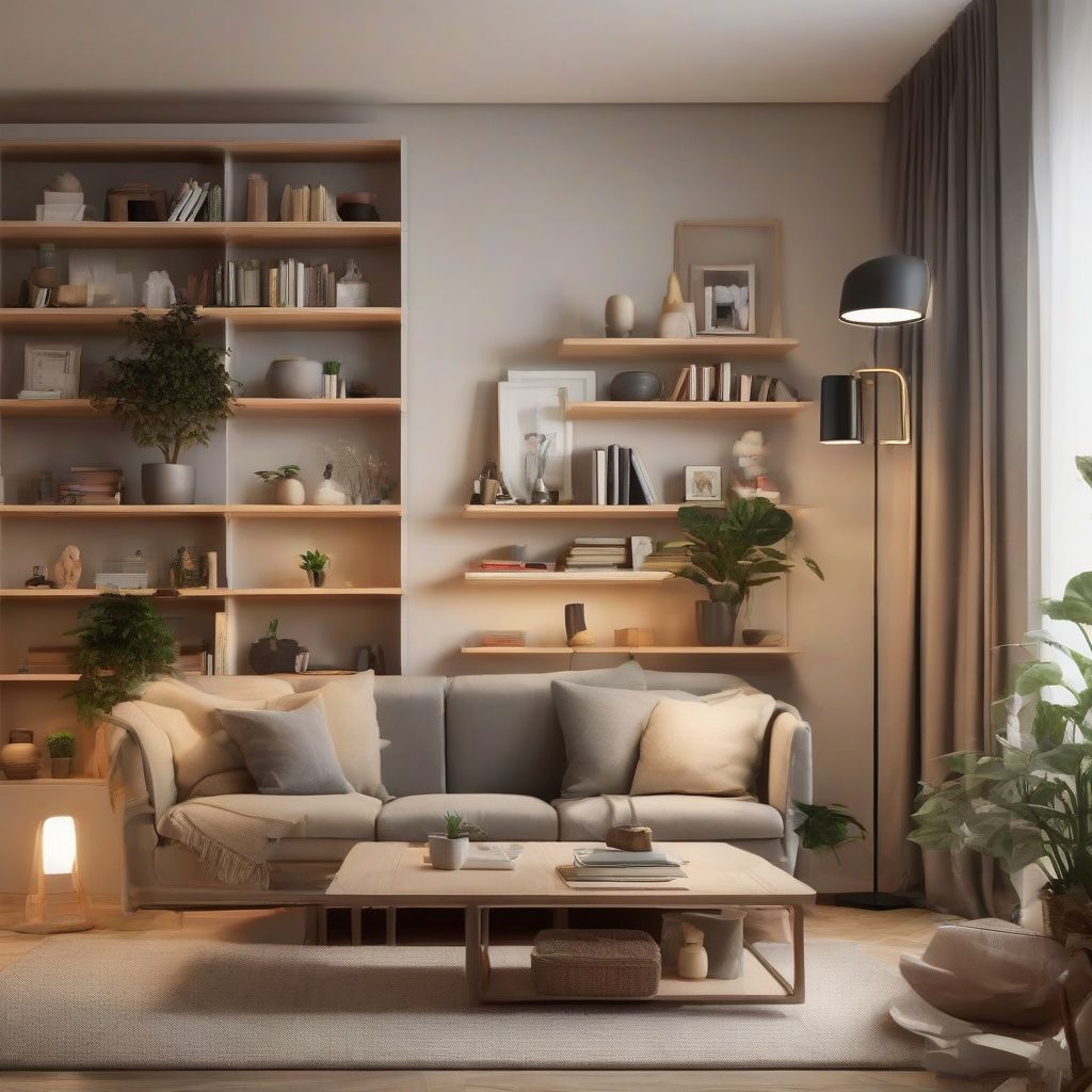 Living Room with Floor Lamp and Shelves