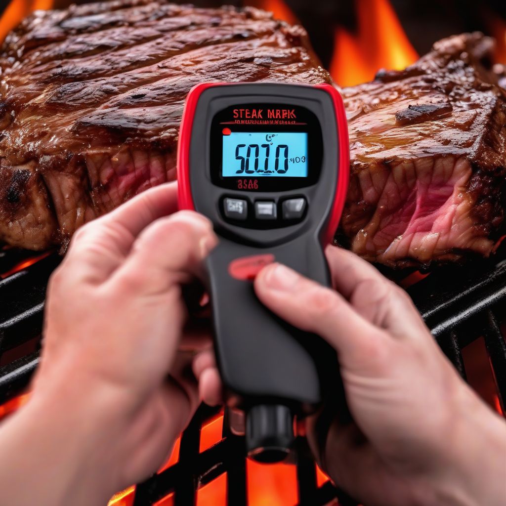 Infrared Thermometer Measuring Steak Temperature