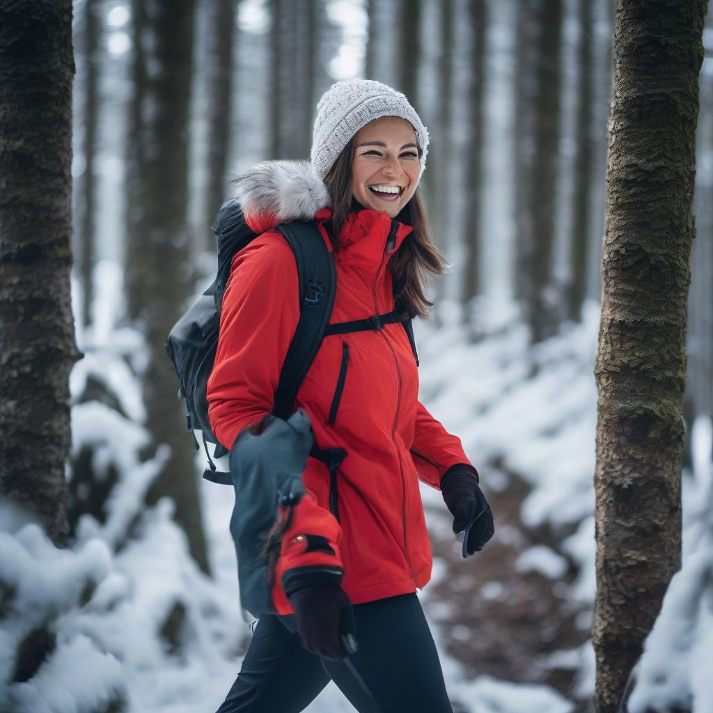Woman wearing a heated jacket hiking in a winter forest