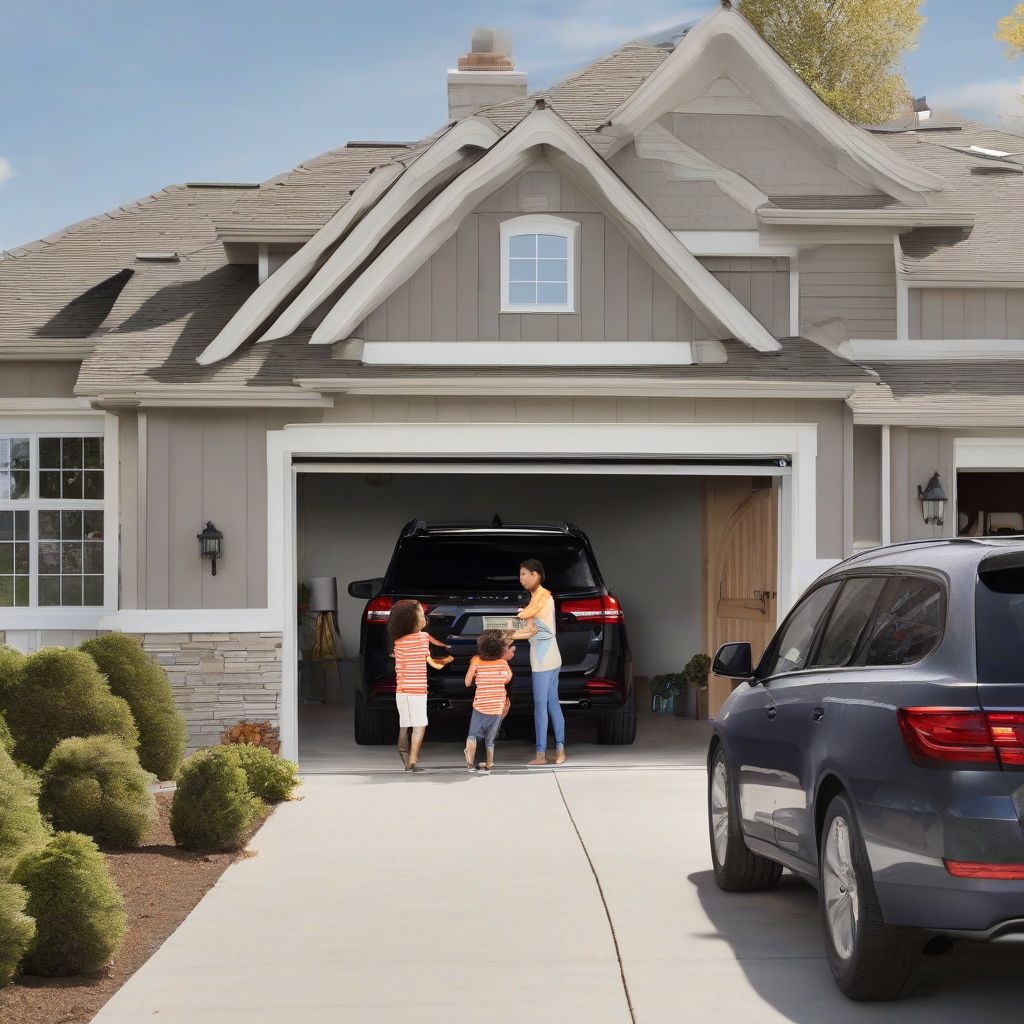 Family Arriving Home to Open Garage Door